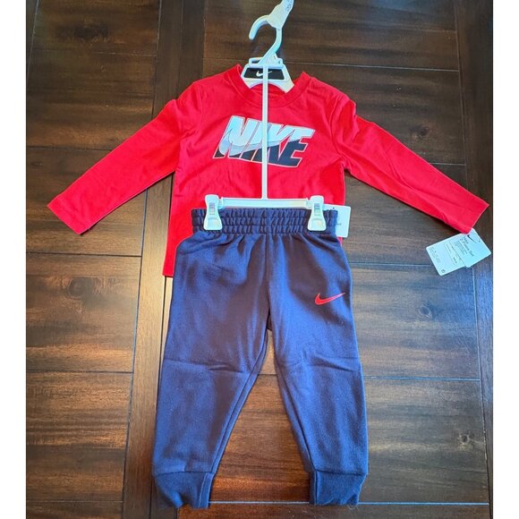 Nike Boys Two-Piece Set Red Long-Sleeve Shirt & Blue Pants Logo Swoosh - Picture 1 of 10
